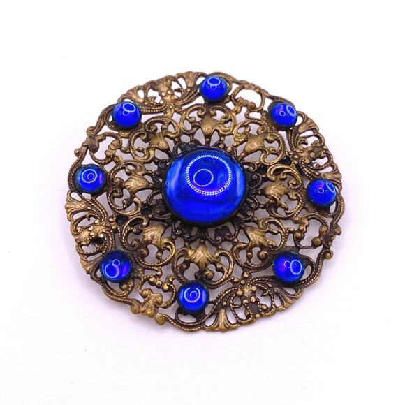 Blue Czech Glass Art Nouveau large Brooch - Picture 4 of 6